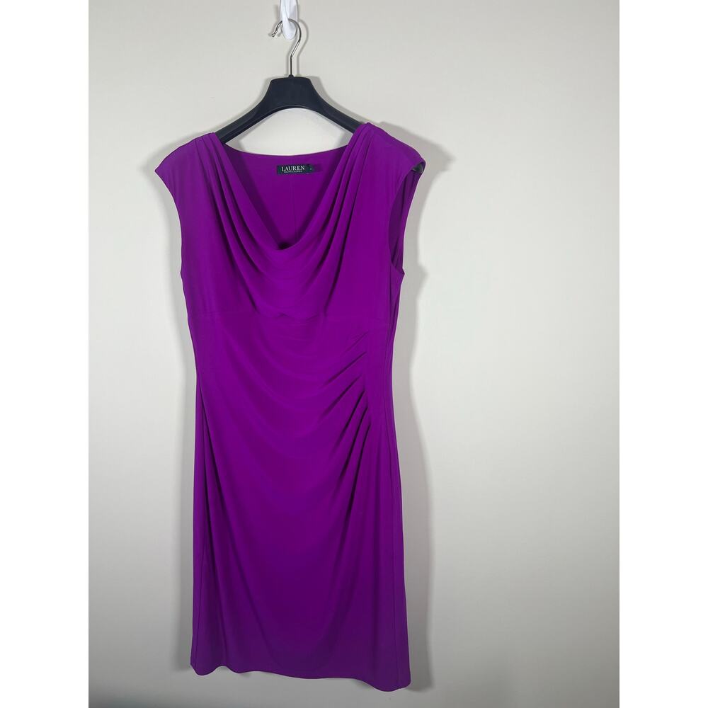 Ralph Lauren Jersey Cowl‎ Neck Dress Chic Body Skimming Waist Ruching 14 Purple - Picture 2 of 8